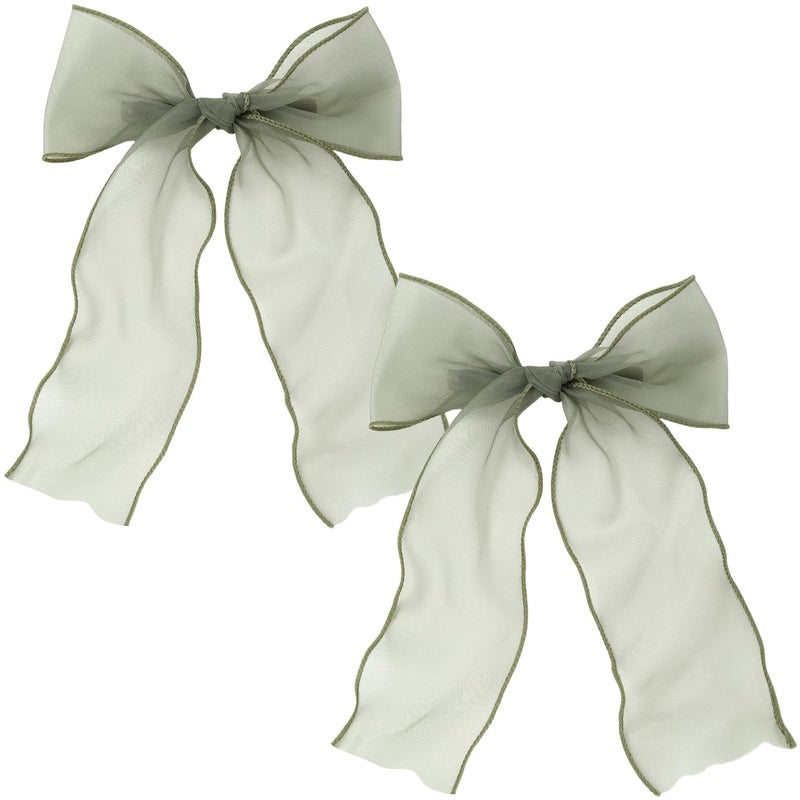 STSTR 2Pcs Large Hair Bow Clips, Green Silk Yarn Ribbon Bow Hair Barrette for Women, Elegant Long Tail Bowknot French Hair Accessories for Wedding, Parties, Festivals - Style 4 - Image 1